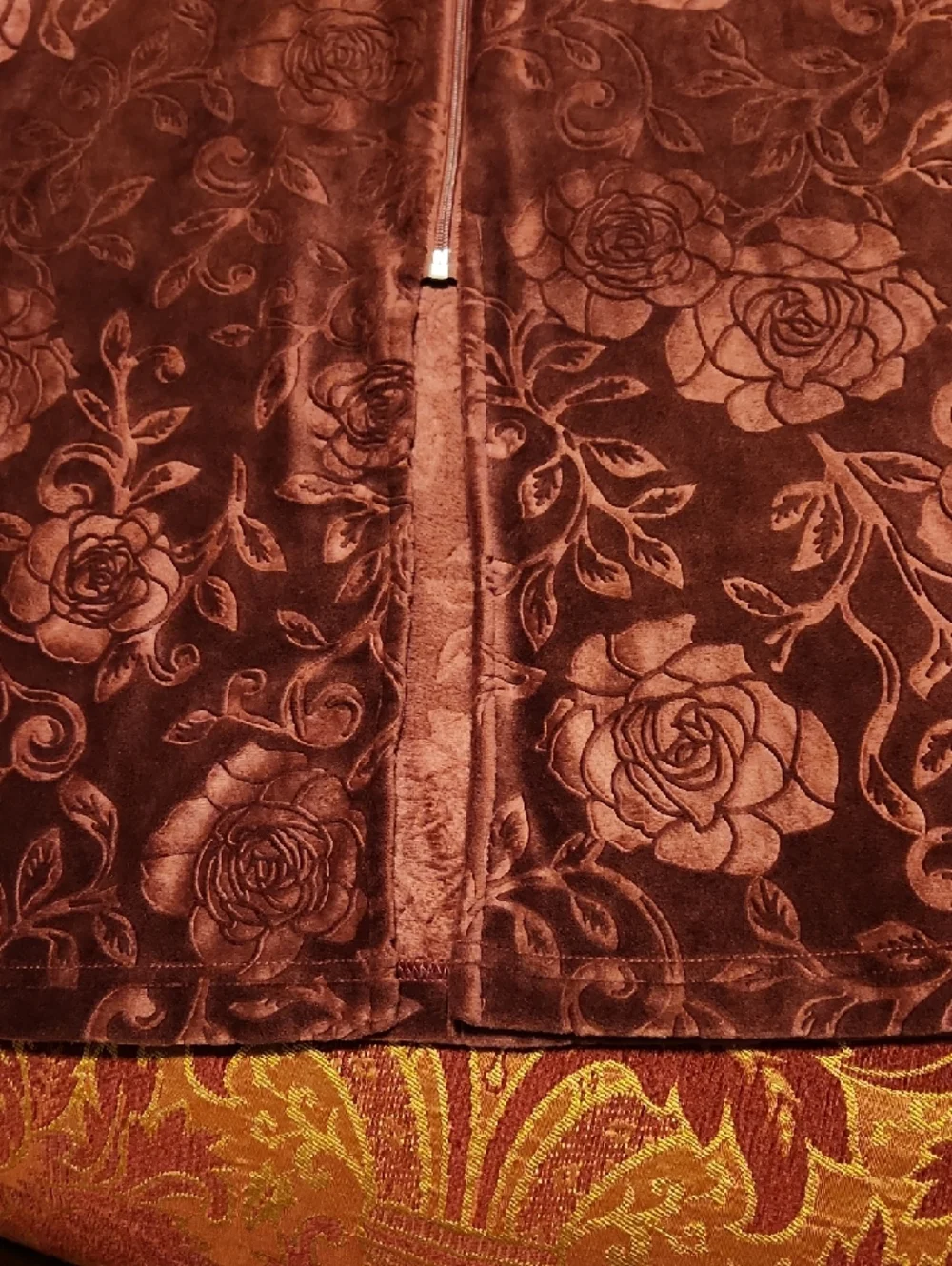 Miss Elaine Plush Embossed Velvet Robe, Burgundy, Full Zip, Large, Like New - Picture 8 of 12